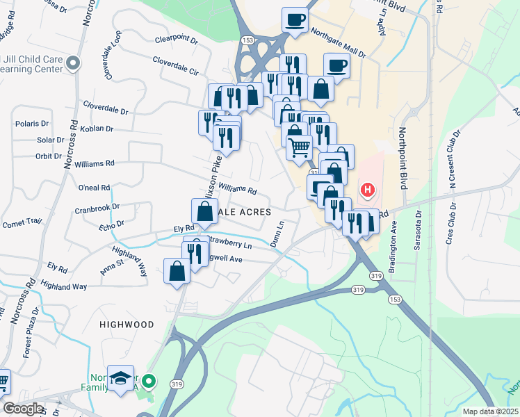map of restaurants, bars, coffee shops, grocery stores, and more near 1713 Broadview Drive in Chattanooga