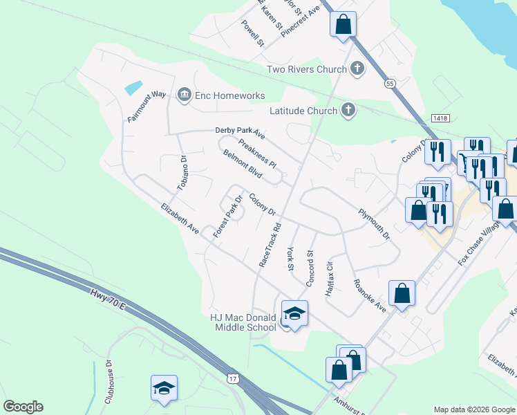 map of restaurants, bars, coffee shops, grocery stores, and more near 1600 Jamestown Court in New Bern