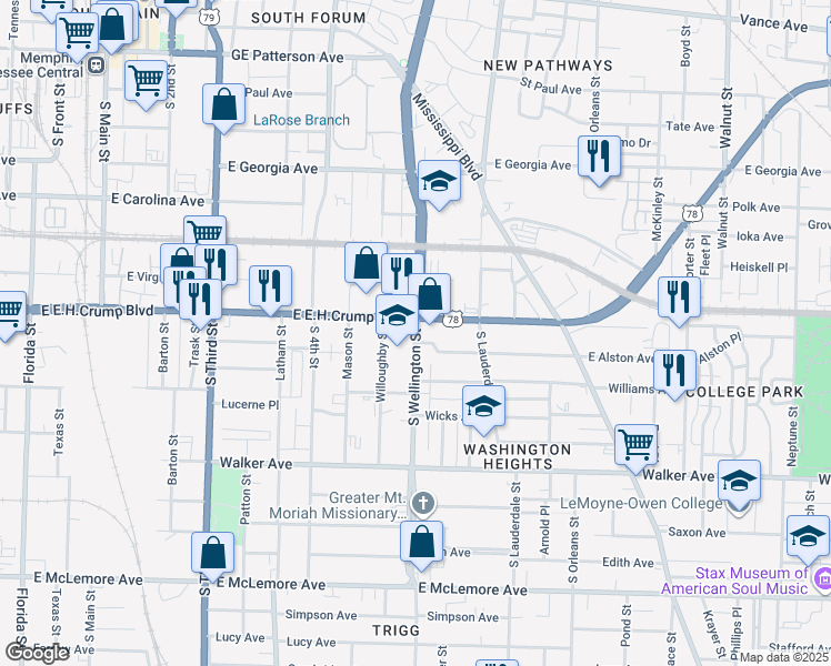 map of restaurants, bars, coffee shops, grocery stores, and more near 864 South Wellington Street in Memphis