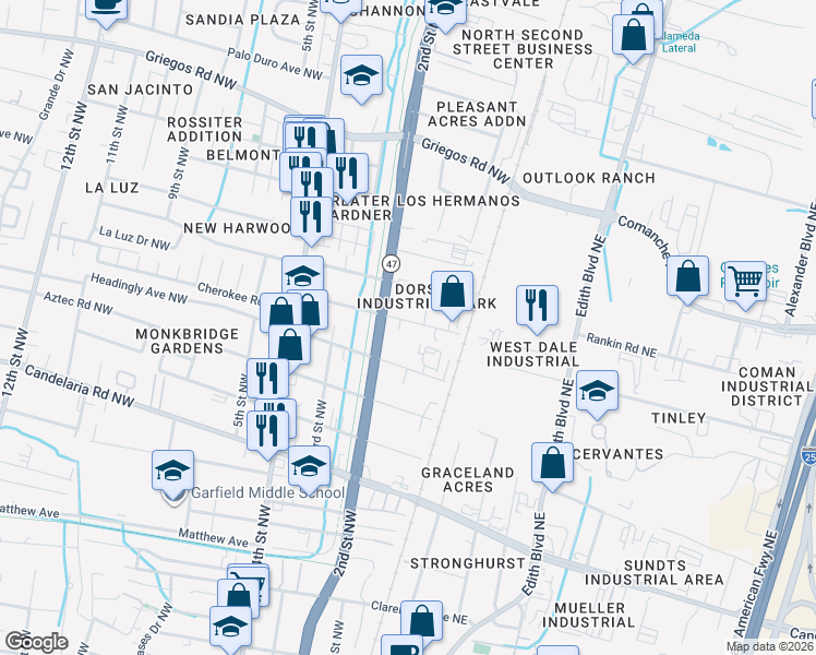 map of restaurants, bars, coffee shops, grocery stores, and more near 150 Mescalero Road Northwest in Albuquerque