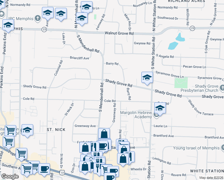 map of restaurants, bars, coffee shops, grocery stores, and more near 265 Greenway Road in Memphis
