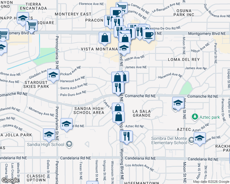map of restaurants, bars, coffee shops, grocery stores, and more near 8333 Comanche Road Northeast in Albuquerque