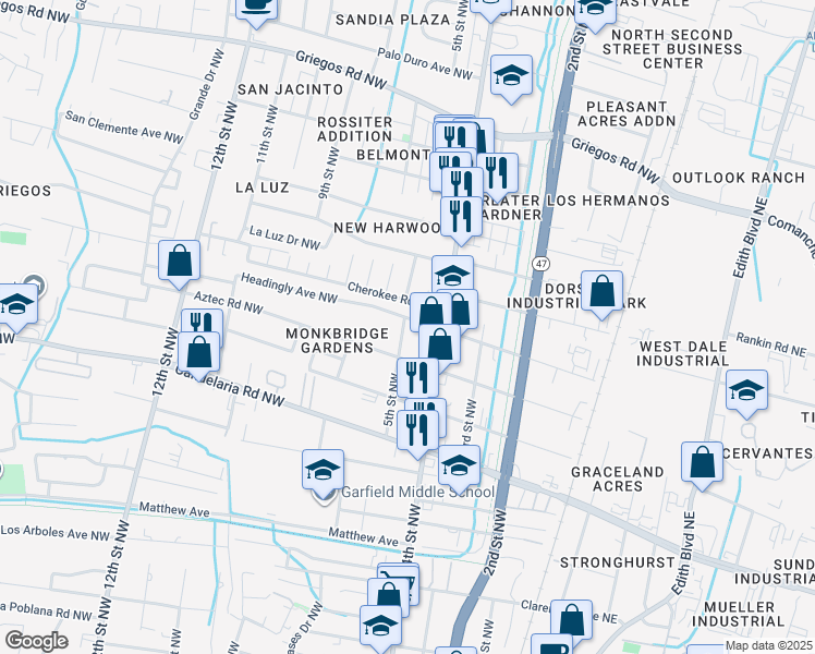 map of restaurants, bars, coffee shops, grocery stores, and more near 426 Headingly Avenue Northwest in Albuquerque