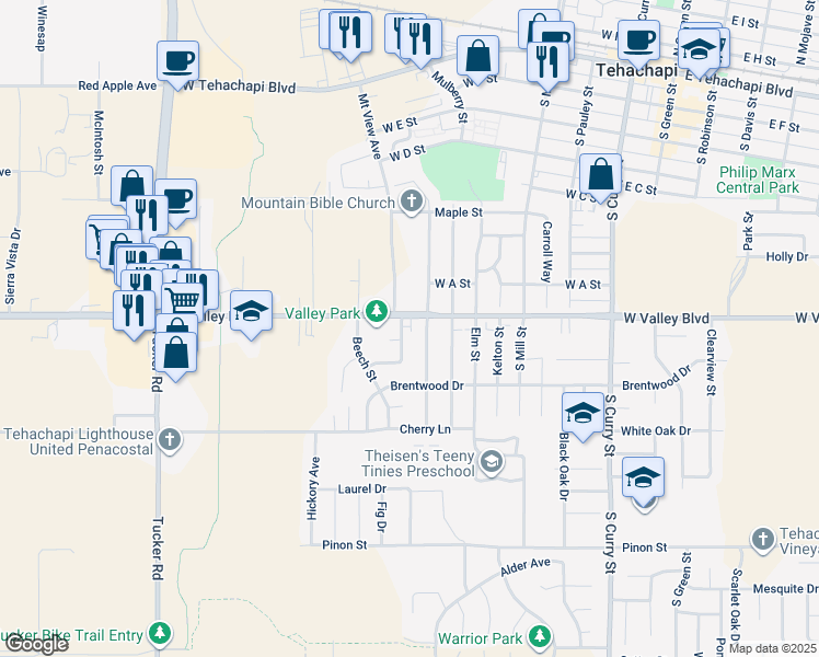 map of restaurants, bars, coffee shops, grocery stores, and more near 800 Aspen Drive in Tehachapi