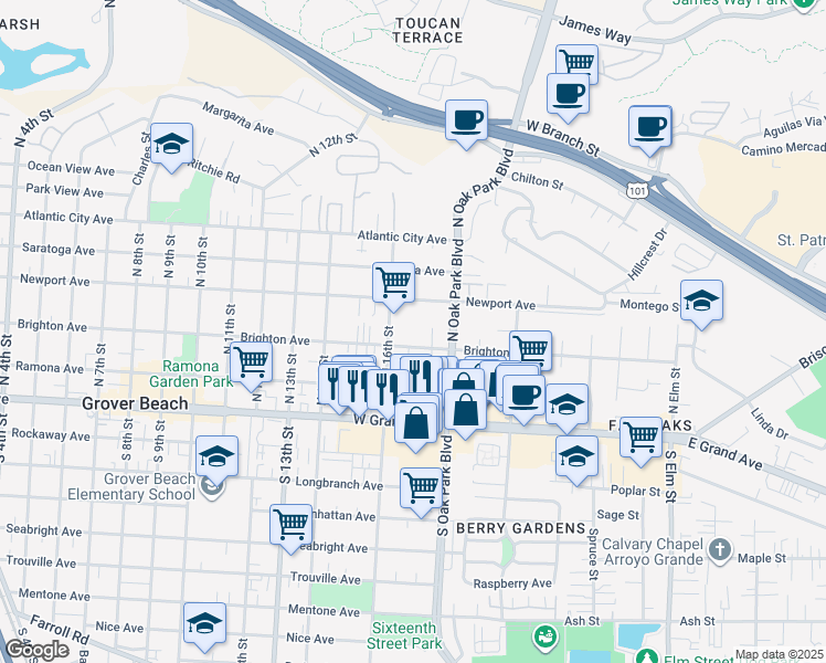 map of restaurants, bars, coffee shops, grocery stores, and more near 1687 Brighton Avenue in Grover Beach
