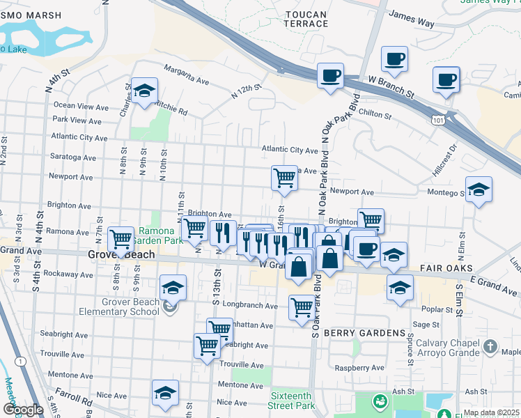 map of restaurants, bars, coffee shops, grocery stores, and more near 1551 Brighton Avenue in Grover Beach