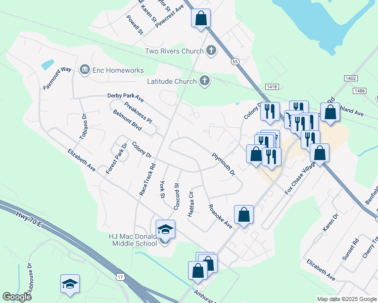 map of restaurants, bars, coffee shops, grocery stores, and more near 3010 Roanoke Avenue in New Bern