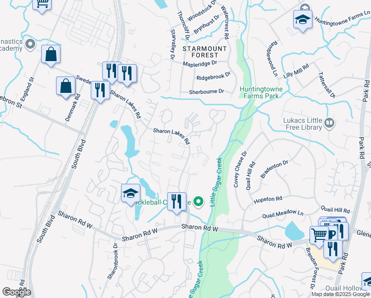 map of restaurants, bars, coffee shops, grocery stores, and more near 8113 Sharon Lakes Road in Charlotte