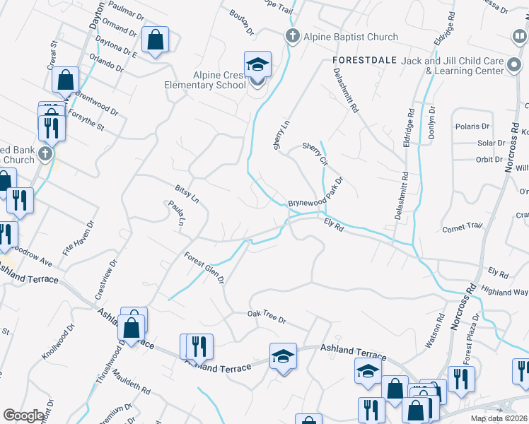 map of restaurants, bars, coffee shops, grocery stores, and more near 808 Brynewood Park Lane in Chattanooga