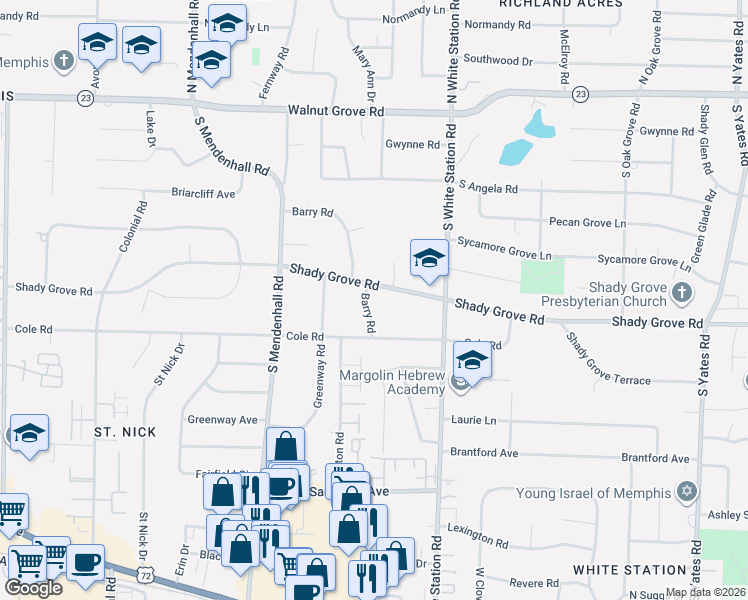 map of restaurants, bars, coffee shops, grocery stores, and more near 252 Barry Road in Memphis