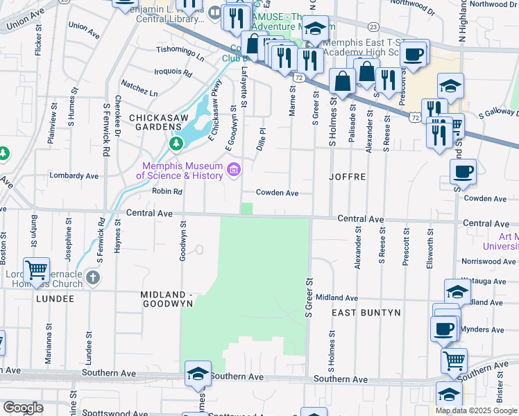 map of restaurants, bars, coffee shops, grocery stores, and more near 3128 Central Avenue in Memphis