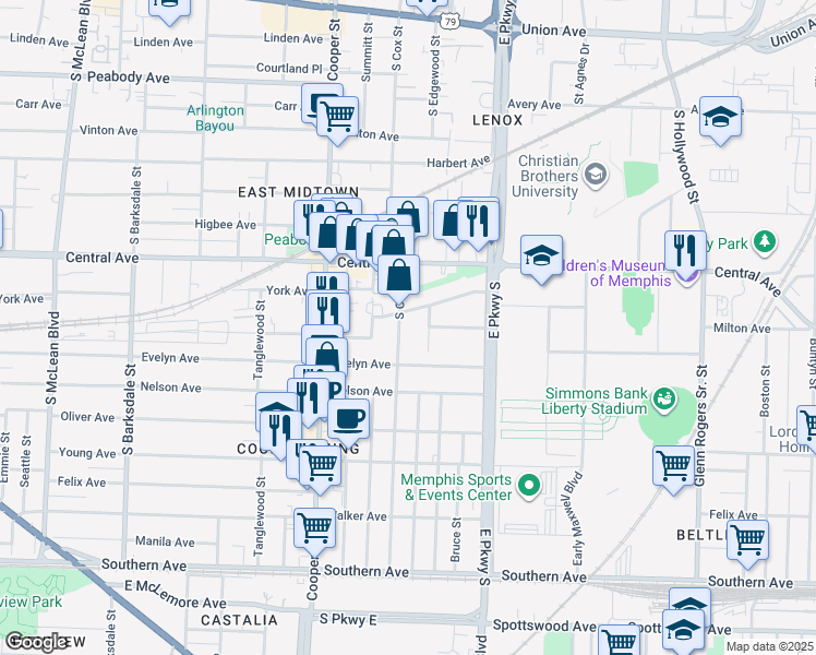map of restaurants, bars, coffee shops, grocery stores, and more near 791 South Cox Street in Memphis