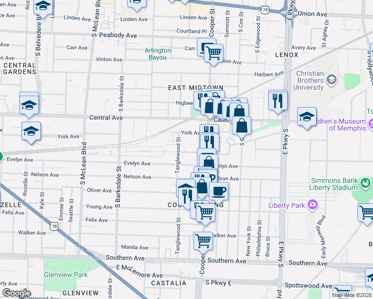 map of restaurants, bars, coffee shops, grocery stores, and more near 2096 Elzey Avenue in Memphis