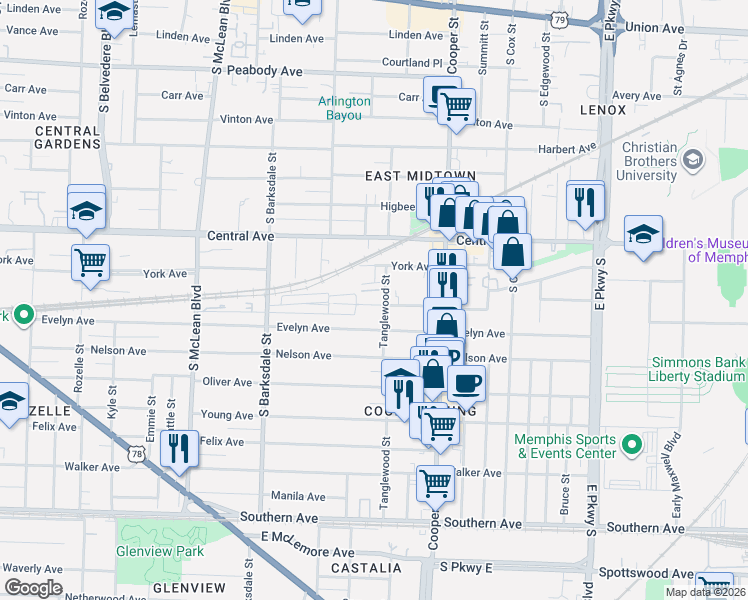 map of restaurants, bars, coffee shops, grocery stores, and more near 795 Tanglewood Street in Memphis