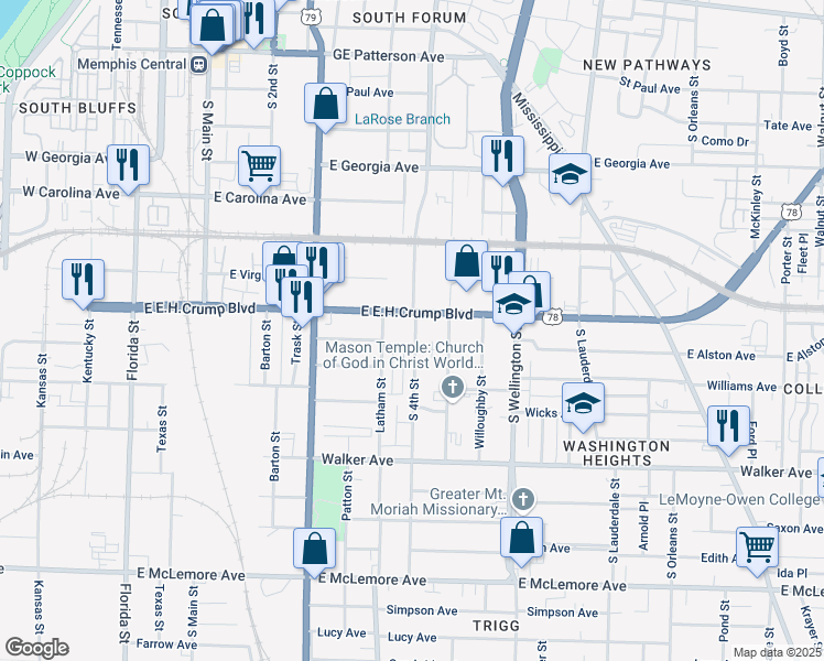 map of restaurants, bars, coffee shops, grocery stores, and more near 855 South 4th Street in Memphis