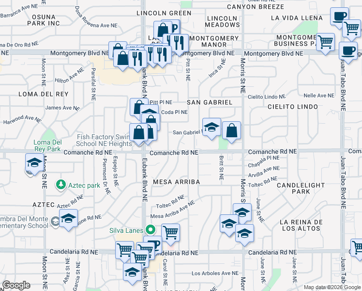 map of restaurants, bars, coffee shops, grocery stores, and more near 3704 Chapala Drive Northeast in Albuquerque