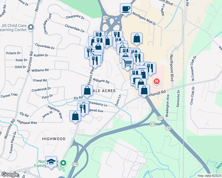 map of restaurants, bars, coffee shops, grocery stores, and more near 1713 Broadview Drive in Chattanooga
