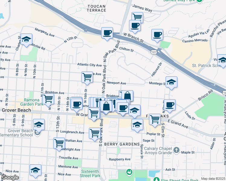 map of restaurants, bars, coffee shops, grocery stores, and more near 1900 Moss Beach Court in Grover Beach