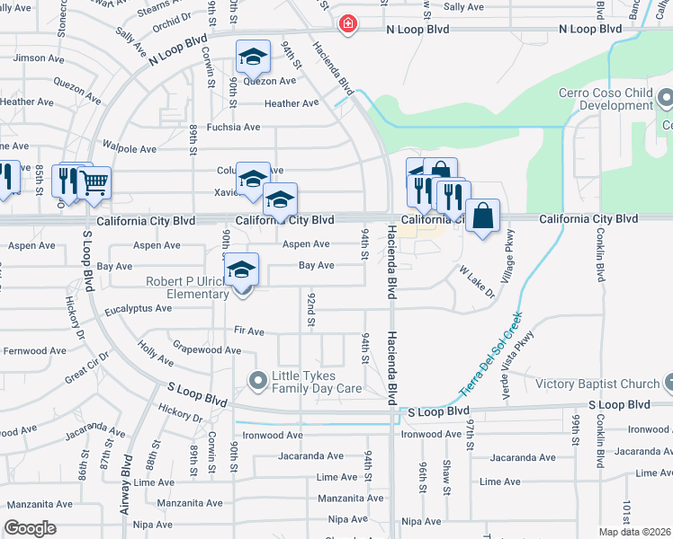 map of restaurants, bars, coffee shops, grocery stores, and more near 9224 Bay Avenue in California City