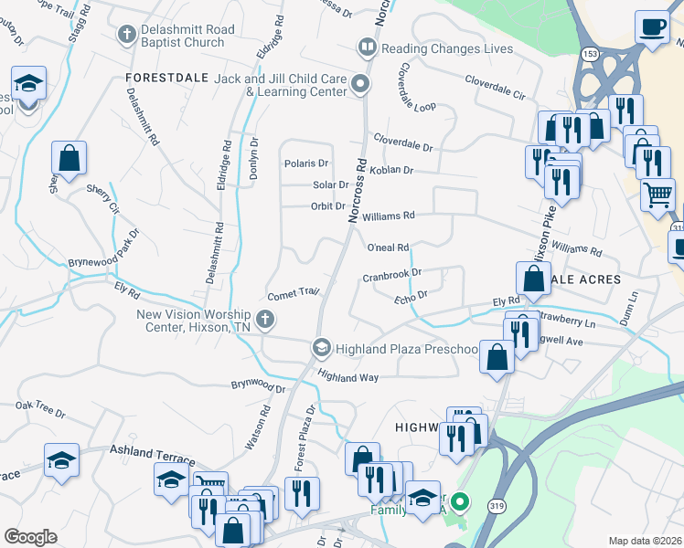 map of restaurants, bars, coffee shops, grocery stores, and more near 4324 Norcross Road in Chattanooga