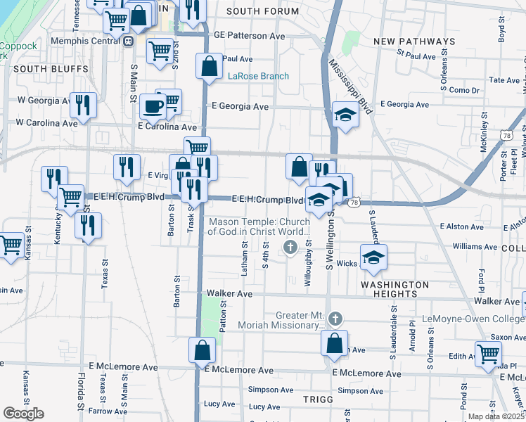 map of restaurants, bars, coffee shops, grocery stores, and more near 855 South 4th Street in Memphis