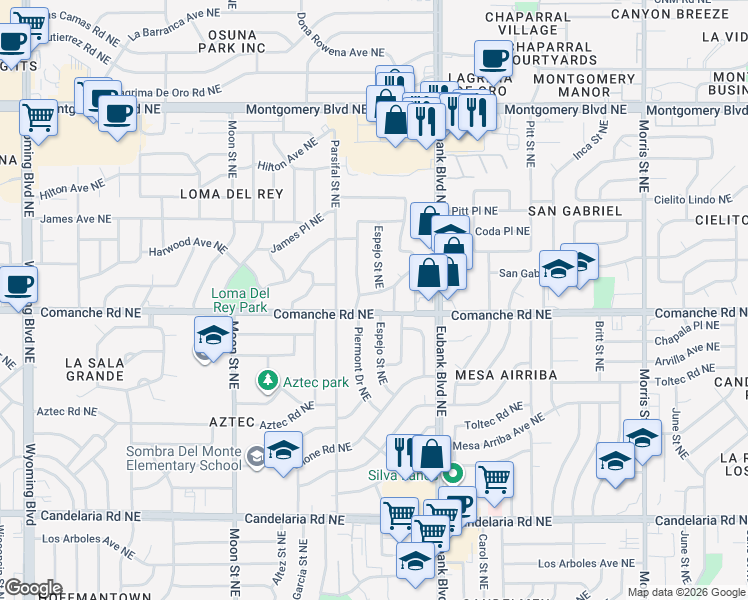 map of restaurants, bars, coffee shops, grocery stores, and more near 9508 San Gabriel Road Northeast in Albuquerque