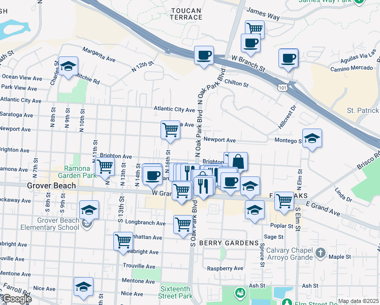 map of restaurants, bars, coffee shops, grocery stores, and more near 1747 Brighton Avenue in Grover Beach