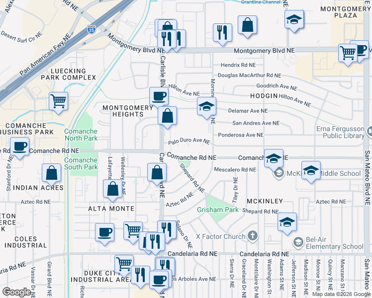 map of restaurants, bars, coffee shops, grocery stores, and more near 3804 Palo Court Northeast in Albuquerque