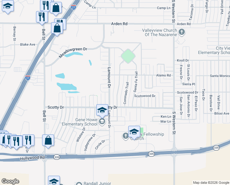 map of restaurants, bars, coffee shops, grocery stores, and more near 8202 Goodnight Trail in Amarillo