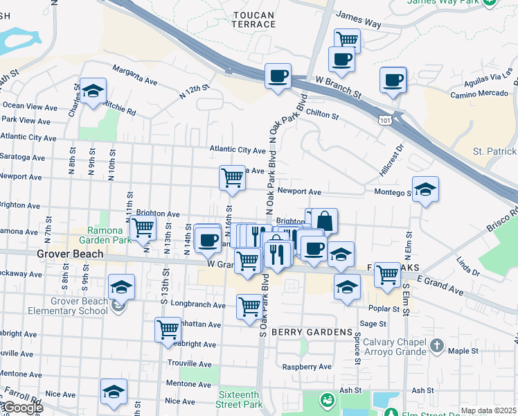 map of restaurants, bars, coffee shops, grocery stores, and more near 1747 Brighton Avenue in Grover Beach