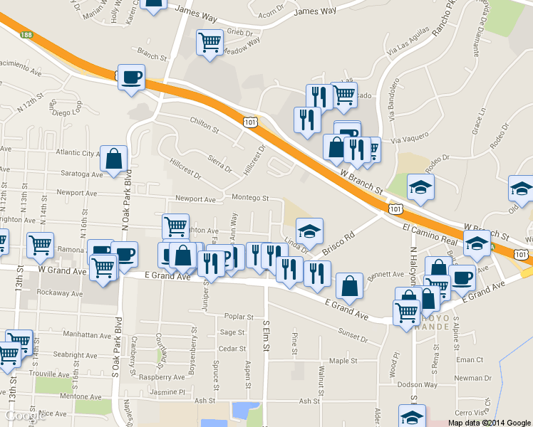 map of restaurants, bars, coffee shops, grocery stores, and more near 363 North Elm Street in Arroyo Grande