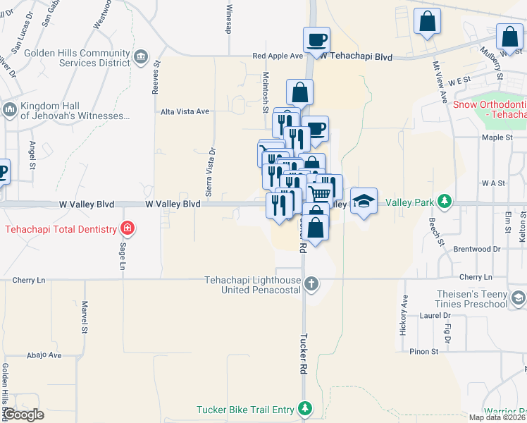 map of restaurants, bars, coffee shops, grocery stores, and more near 1300 Valley Boulevard in Tehachapi