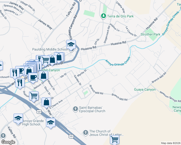 map of restaurants, bars, coffee shops, grocery stores, and more near 318 Myrtle Drive in Arroyo Grande