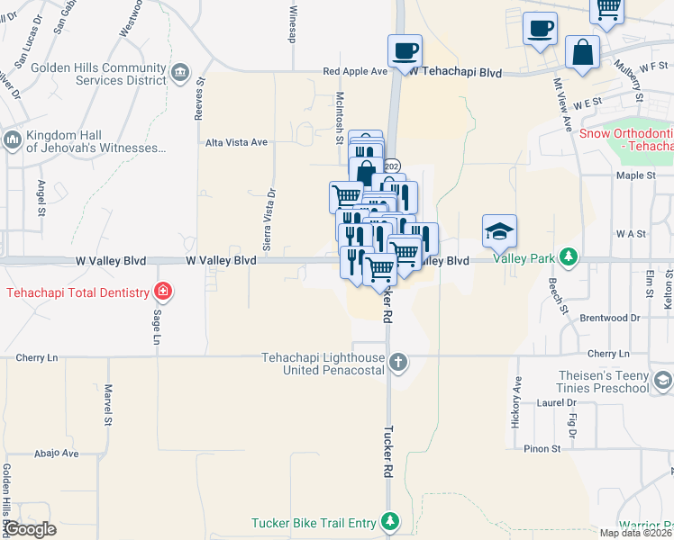 map of restaurants, bars, coffee shops, grocery stores, and more near 1300 Valley Boulevard in Tehachapi