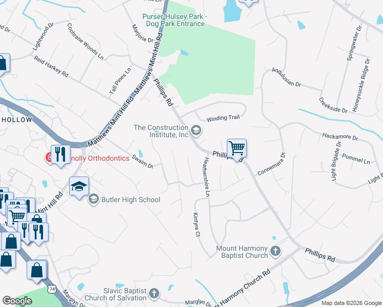 map of restaurants, bars, coffee shops, grocery stores, and more near 2728 Kilmarnock Court in Matthews
