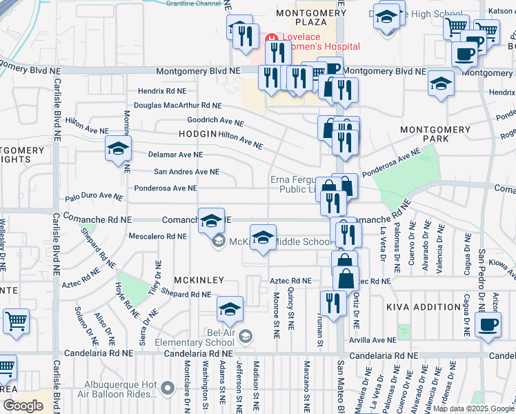 map of restaurants, bars, coffee shops, grocery stores, and more near 4708 Palo Duro Avenue Northeast in Albuquerque