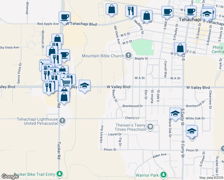 map of restaurants, bars, coffee shops, grocery stores, and more near 803 Beech Street in Tehachapi