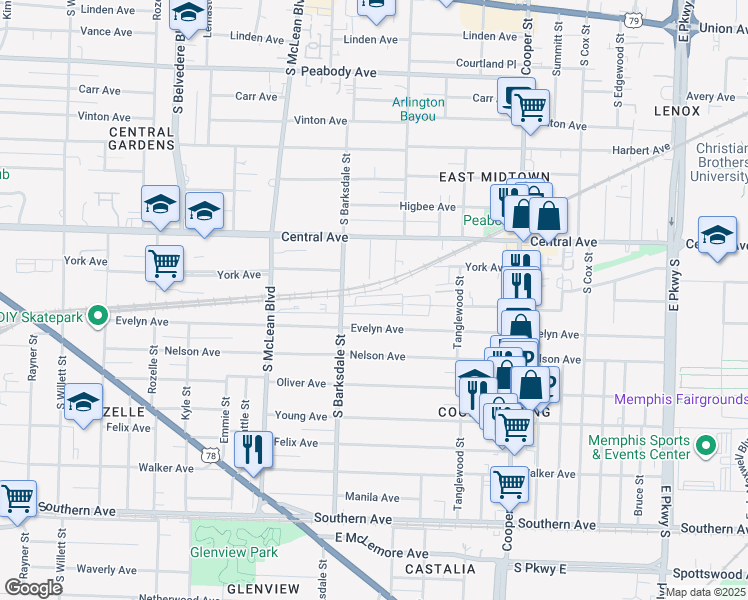 map of restaurants, bars, coffee shops, grocery stores, and more near 1960 Elzey Avenue in Memphis