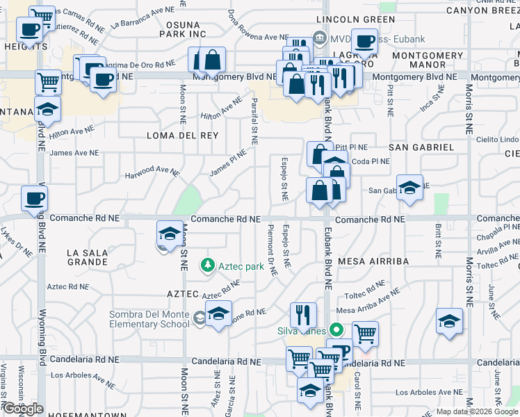 map of restaurants, bars, coffee shops, grocery stores, and more near 3704 Parsifal Street Northeast in Albuquerque