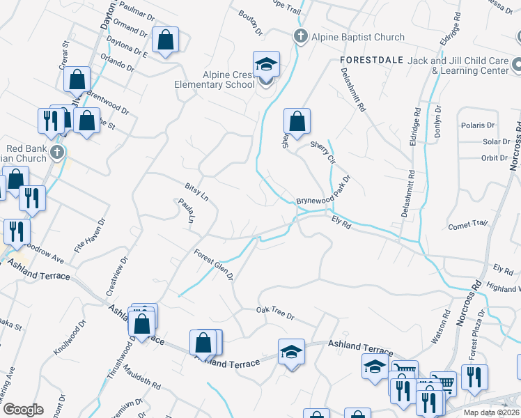 map of restaurants, bars, coffee shops, grocery stores, and more near 808 Brynewood Park Lane in Chattanooga