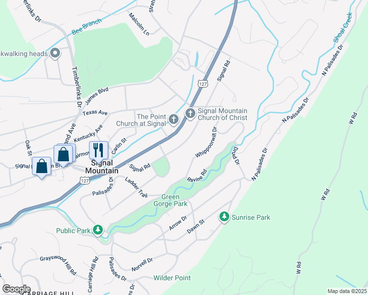 map of restaurants, bars, coffee shops, grocery stores, and more near 940 Signal Road in Signal Mountain