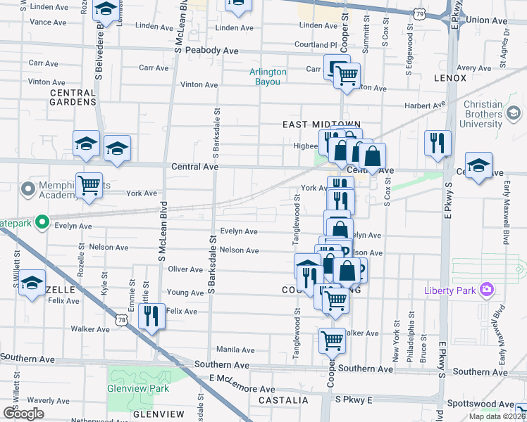 map of restaurants, bars, coffee shops, grocery stores, and more near 2014 Elzey Avenue in Memphis