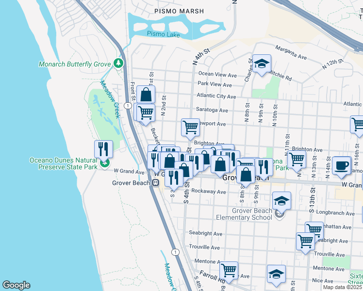 map of restaurants, bars, coffee shops, grocery stores, and more near 348 Brighton Avenue in Grover Beach