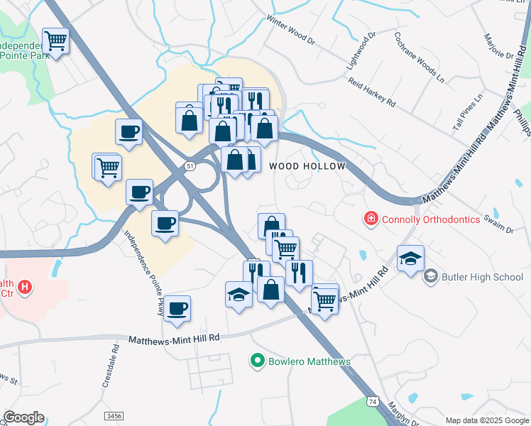 map of restaurants, bars, coffee shops, grocery stores, and more near 3110 Doe River Way in Matthews