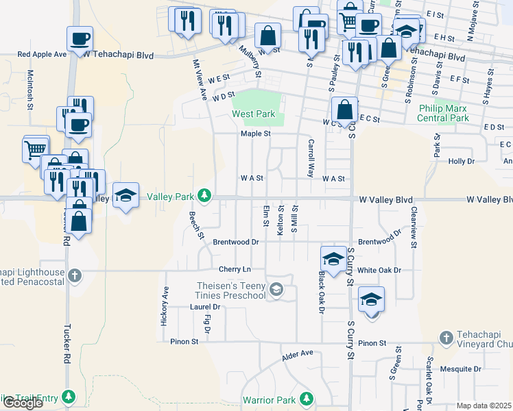 map of restaurants, bars, coffee shops, grocery stores, and more near 524 Valley Boulevard in Tehachapi