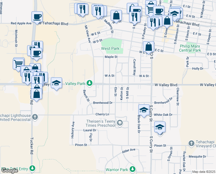 map of restaurants, bars, coffee shops, grocery stores, and more near 524 Valley Boulevard in Tehachapi