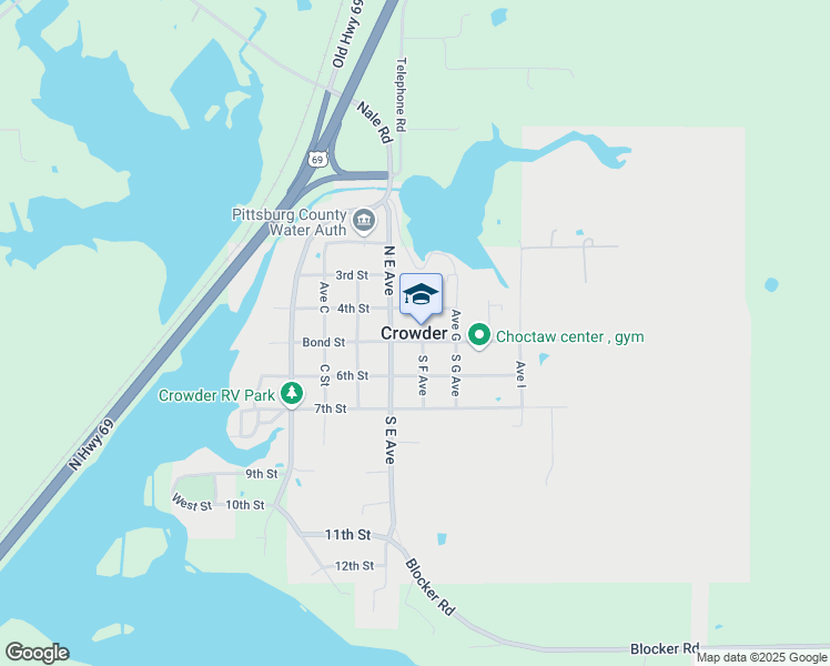 map of restaurants, bars, coffee shops, grocery stores, and more near in Crowder