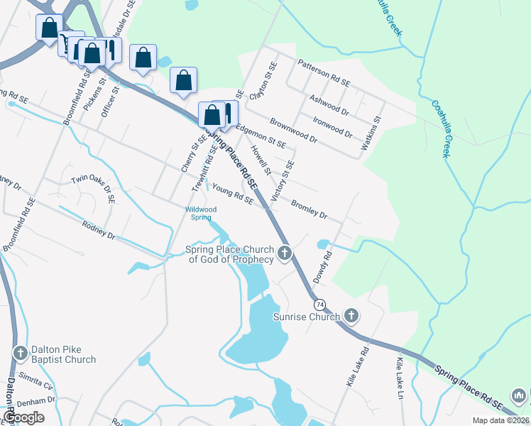 map of restaurants, bars, coffee shops, grocery stores, and more near 2500 Spring Place Road Southeast in Cleveland