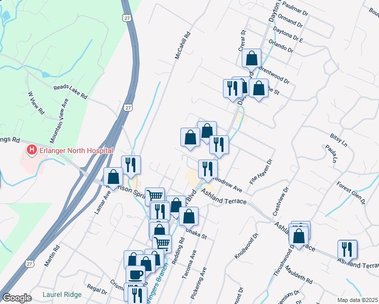 map of restaurants, bars, coffee shops, grocery stores, and more near 4105 Dayton Boulevard in Chattanooga