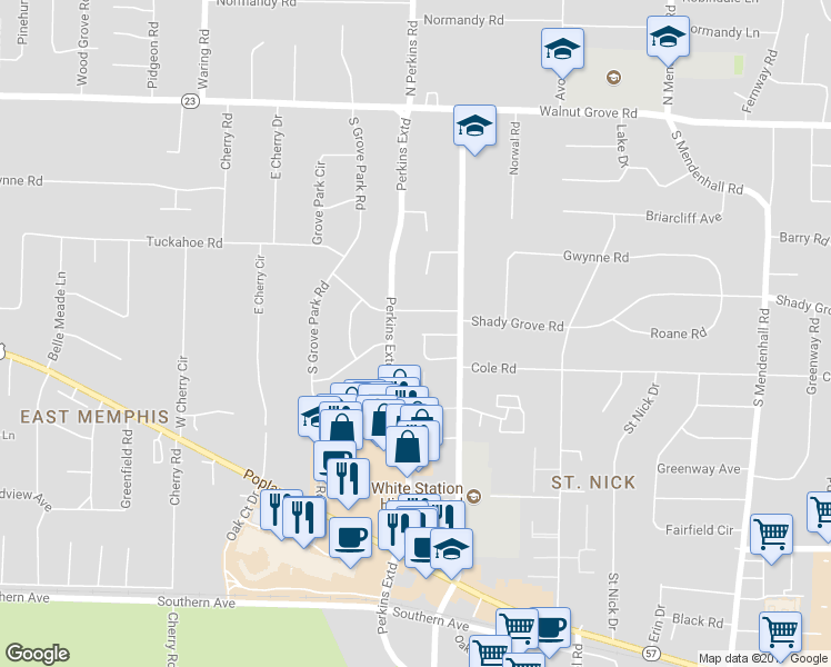 map of restaurants, bars, coffee shops, grocery stores, and more near 4617 Woodmont Pl in Memphis